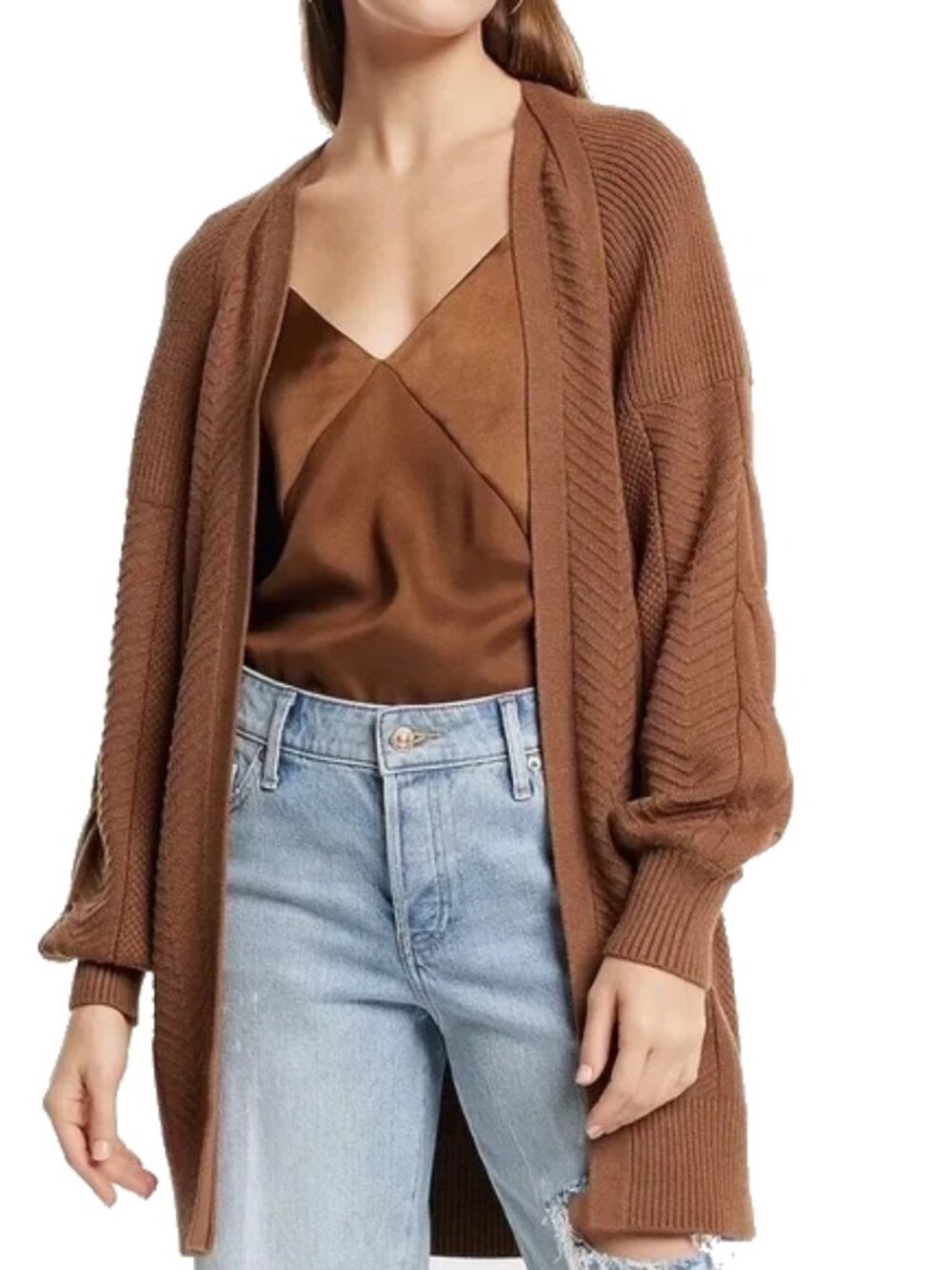 EXPRESS (M) Brown Camel Tan Cable Knit Cardigan Sweater Oversized Open Front